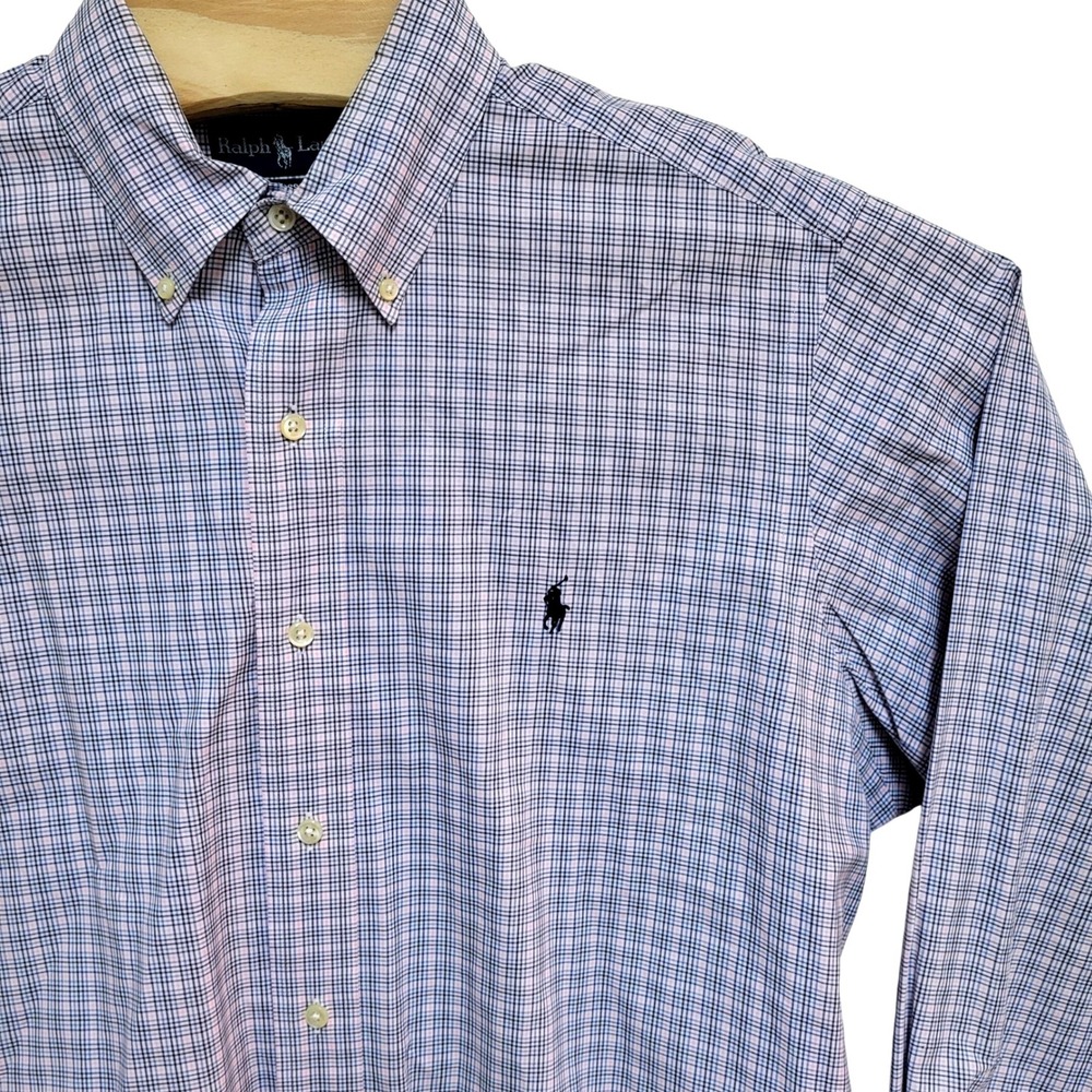 Ralph Lauren 16 34/35 Classic Fit Plaid Button Down Shirt Navy Blue Pink White